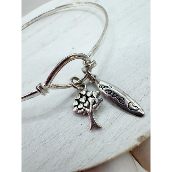 Sterling Silver Dainty Bangle Bracelet With Love And Tree Charms Hook Closure - Picture 1 of 8